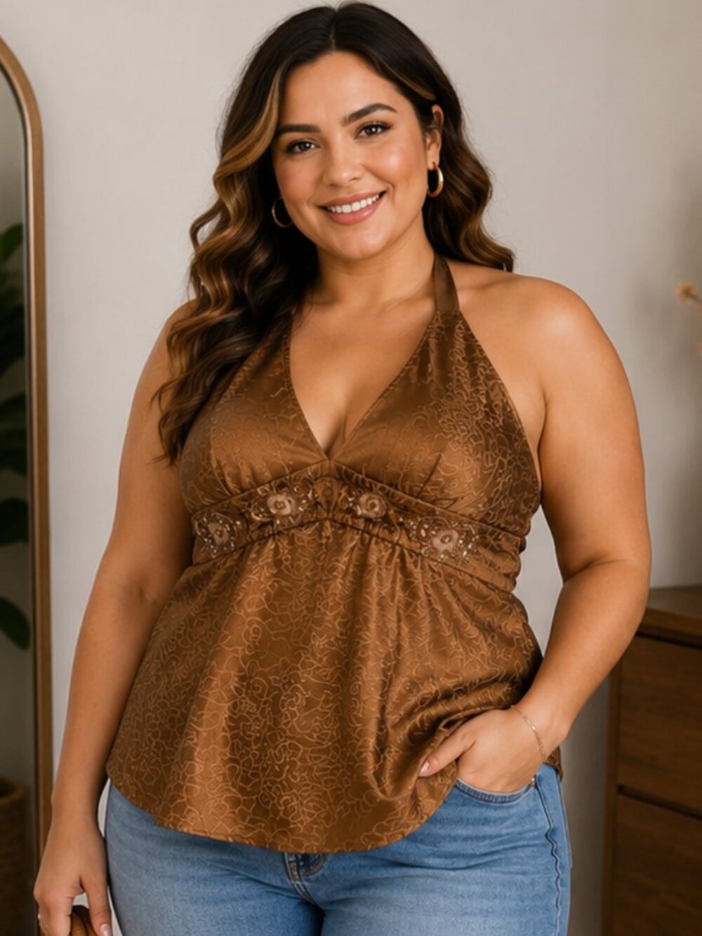 Lane Bryant Embellished Halter Top | Bronze Satin Evening Blouse | Plus Size 28